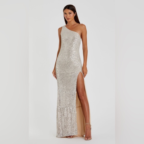 ieena for Mac duggal Sequined One Shoulder Draped Back Gown - Picture 2 of 8